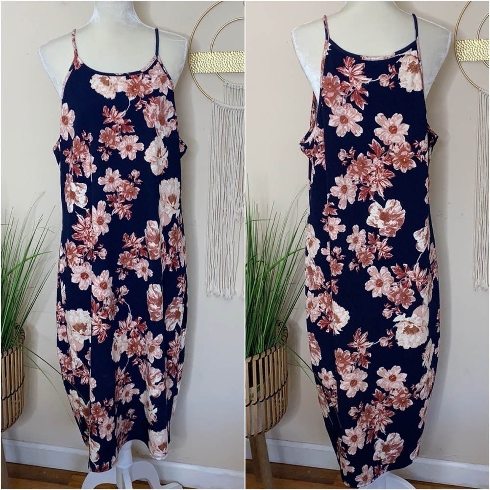 vibe sportswear • floral midi spaghetti strap dress